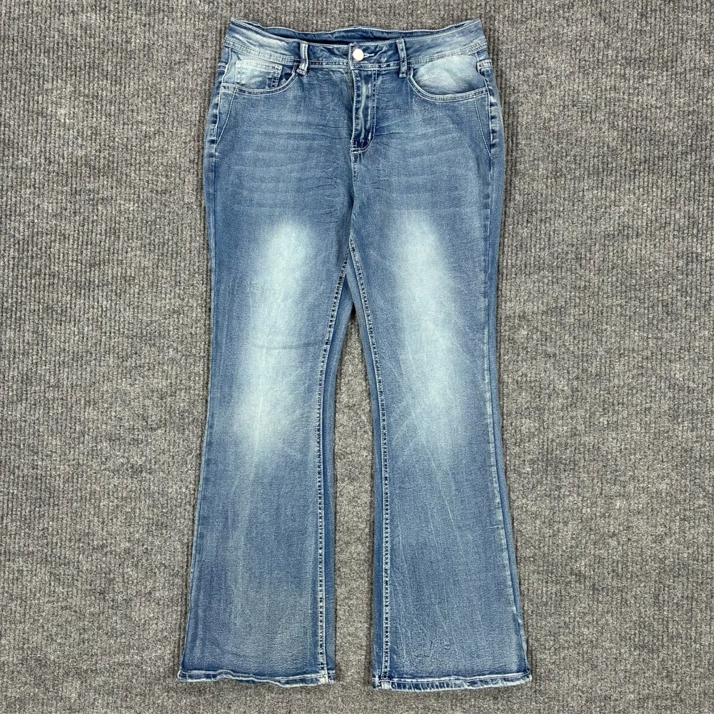 Y2K Angel Wings Embroidered Flare Jeans Womens L Blue Mid Rise Stretch Denim